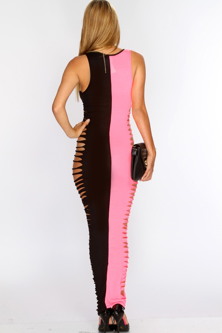 F5056-2  Hot Pink Black Razor Cutout Sides Sexy Maxi Dress
